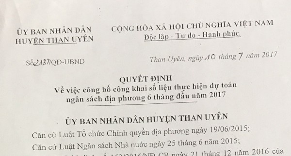 Công khai số liệu thực hiện dự toán ngân sách địa phương 6 tháng đầu năm 2017