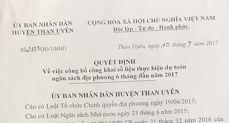 Công khai số liệu thực hiện dự toán ngân sách địa phương 6 tháng đầu năm 2017